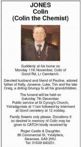 Funeral notice - Colin Jones